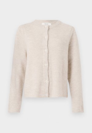 Beige cardigan made of soft knit material, featuring a round neckline, long sleeves, and six front buttons. Classic, simple design.