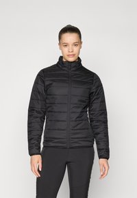 Giacca a vento nera con colletto alto, chiusura con zip e polsini a coste. Presenta un motivo trapuntato e due tasche laterali. Adatta per il tempo freddo.