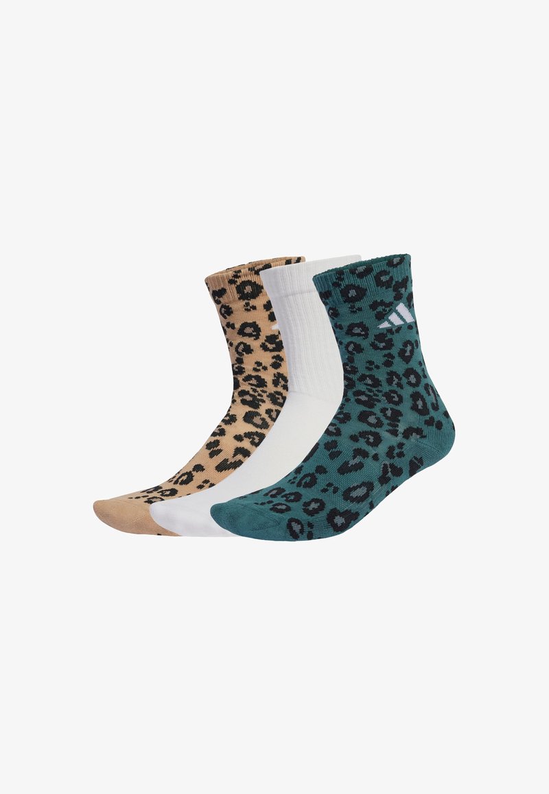 Three pairs of crew socks: one beige with black leopard spots, one white, and one teal with black leopard spots. Made of knit material.