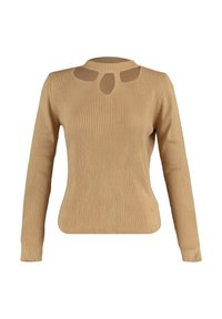 Beiger, gerippter Pullover mit langen Ärmeln und einem Rundhalsausschnitt mit Aussparungen im oberen Vorderteil, gefertigt aus weichem, strukturiertem Stoff.