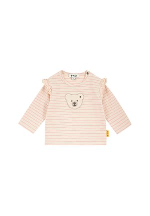 Langärmeliges Babyshirt mit creme- und pinkfarbenen Streifen, Rüschen an den Schultern und einem gestickten Teddybärgesicht auf der Brust.