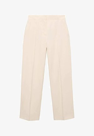 Pantaloni bej cu picioare ample, confecționați dintr-un material neted, având două pliseuri frontale și un talie plată. Fără buzunare sau accesorii vizibile.