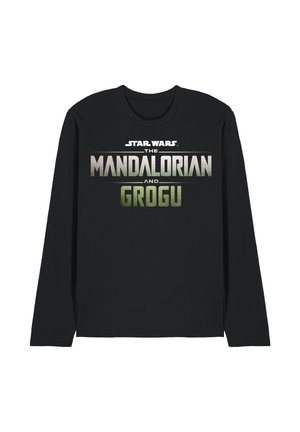 Schwarzes Langarmshirt mit dem Aufdruck „Star Wars The Mandalorian and Grogu“ in metallischem Silber und Grün in der Mitte vorne.
