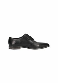 Zapato de vestir de cuero negro con punta afilada, cierre con cordones, textura suave y tacón bajo apilado. Con pocos adornos decorativos.