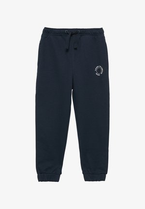 Marineblauwe joggerbroeken van een katoenmix, met een elastische tailleband met trekkoord en boorden bij de enkels. Klein wit logo-detail.