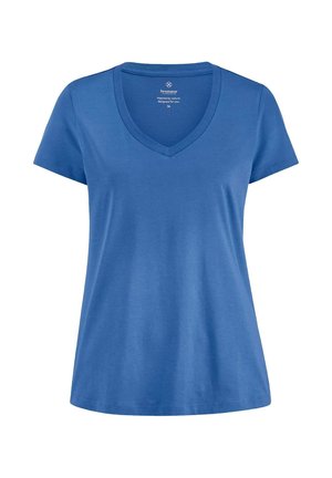Blaues Damen-T-Shirt mit V-Ausschnitt und kurzen Ärmeln, mit einer einfachen, glatten Textur ohne sichtbare Muster oder Logos.