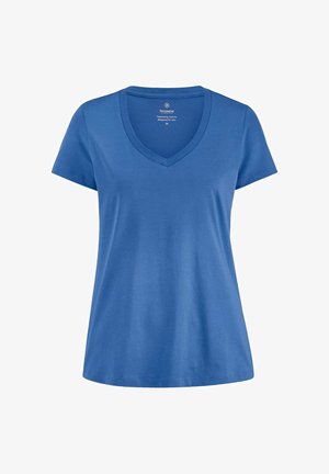 Blaues Damen-T-Shirt mit V-Ausschnitt und kurzen Ärmeln, mit einer einfachen, glatten Textur ohne sichtbare Muster oder Logos.