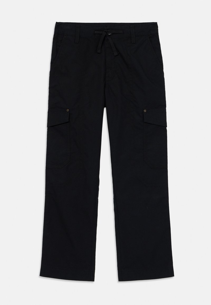 Μαύρο cargo παντελόνι από ανθεκτικό ύφασμα, με πολλαπλές πλαϊνές τσέπες, μέση με κορδόνι και σχέδιο ίσιων ποδιών.