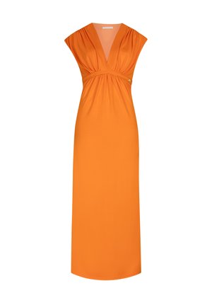 Mouwloze feloranje maxi-jurk met diepe V-halslijn, geplooide details onder de borst en een licht uitlopende rok.