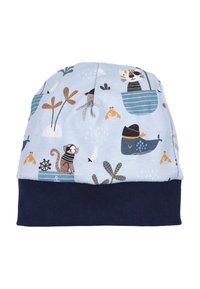 Blå bomuldsbeanie med legende dyreillustrationer, herunder en abe og en hval, med en ensfarvet mørkeblå kant i bunden.