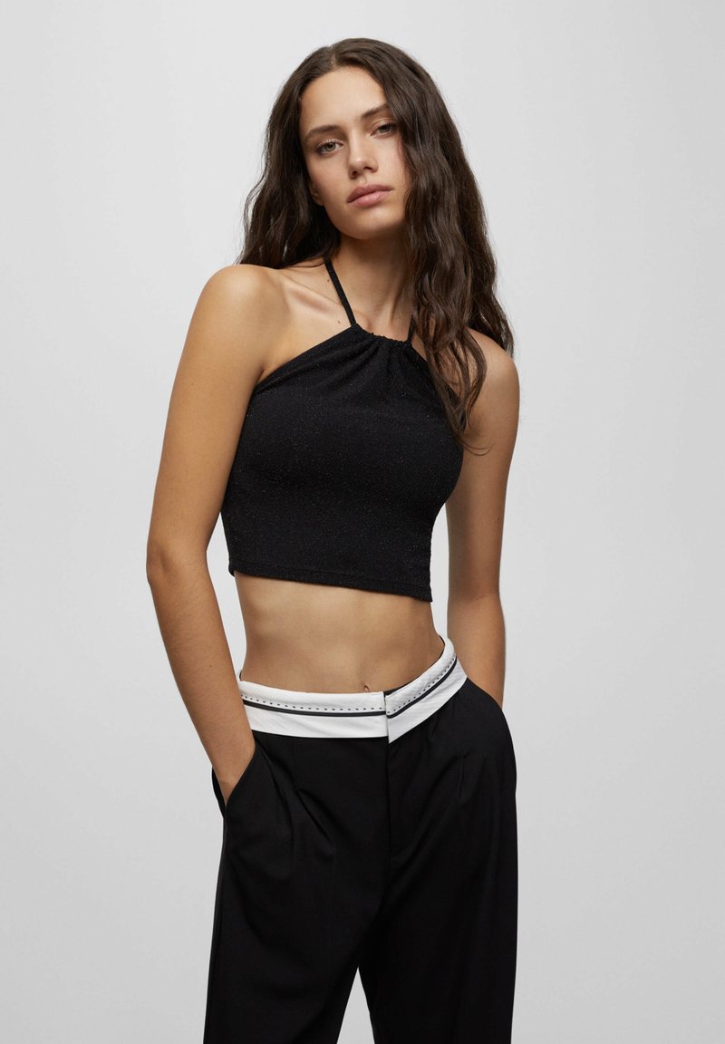 PULL&BEAR HALTER CROP WITH RHINESTONES Top metallic black/nero