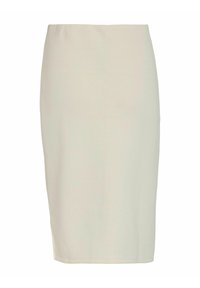 Jupe crayon de couleur crème fabriquée en tissu doux et extensible. Présente une taille plate et un design à longueur genou, offrant une silhouette élégante.