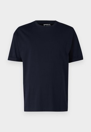 T-shirt in cotone blu navy con maniche corte e scollatura rotonda, caratterizzato da una texture liscia e senza motivi o loghi visibili.