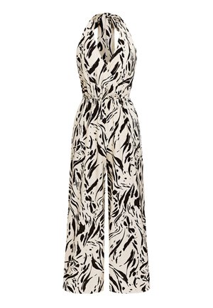 Combinaison sans manches à col licou avec taille élastique, jambes larges et imprimé abstrait noir à coups de pinceau sur tissu blanc.