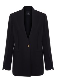 Blazer negro con mangas largas, frente abierto y un solo botón dorado. Presenta dos bolsillos frontales y una silueta estructurada y suave.