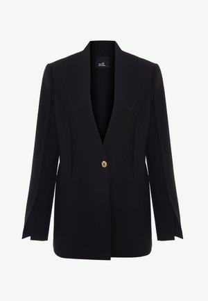 Zwarte blazer met lange mouwen, open voorkant en een enkele gouden knop. Heeft twee voorzakken en een glad, gestructureerd silhouet.