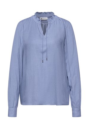 Lichtblauwe blouse met lange mouwen, rufflekraag, voorste keyhole-opening en strikjes, voorzien van manchetten met knopen en een losse pasvorm.