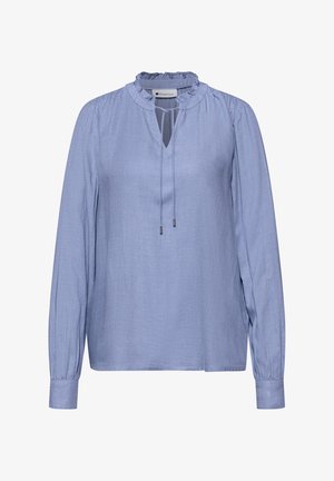 Jasnoniebieska bluzka z długim rękawem, z falbankowym dekoltem, przednim wycięciem na klucz i wiązaniami, z mankietami zapinanymi na guziki oraz luźnym krojem.