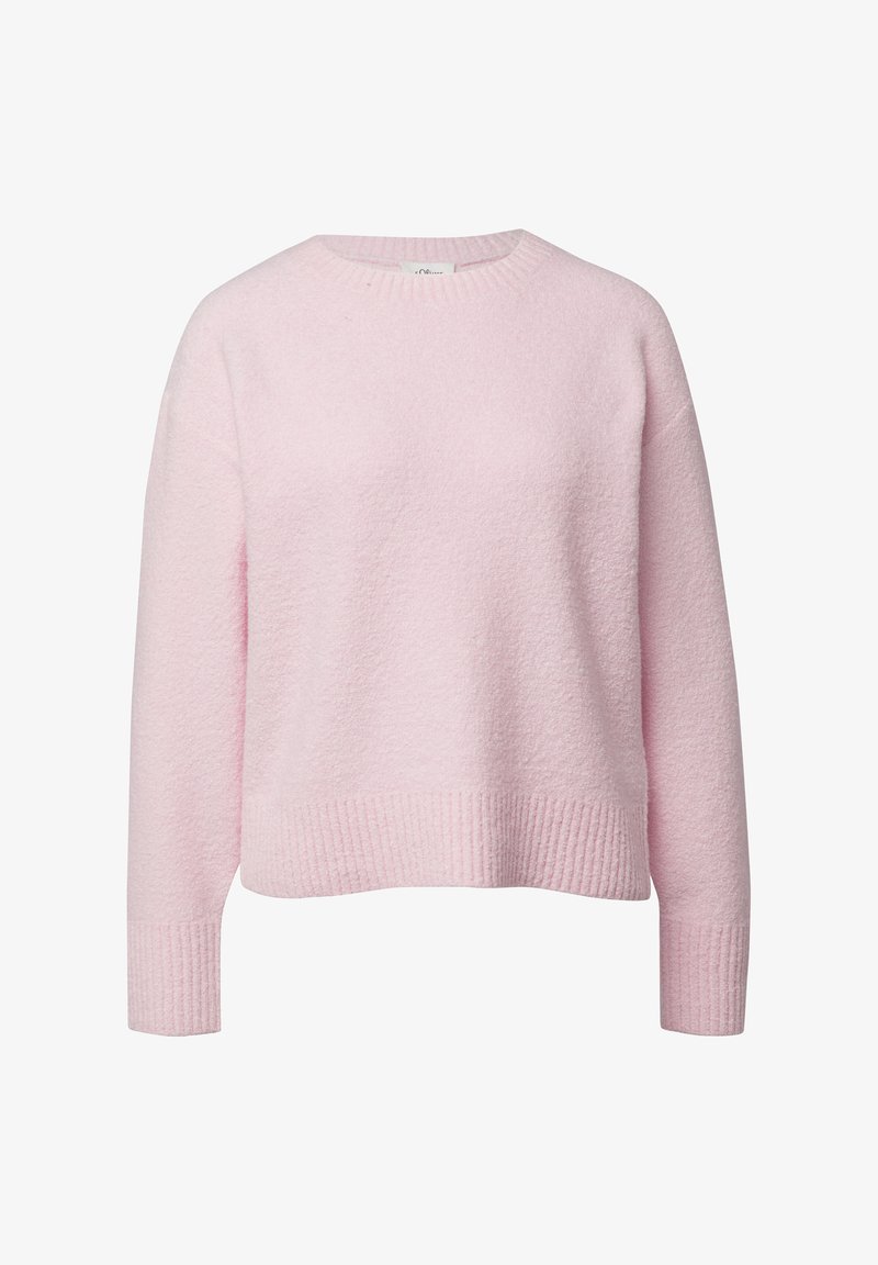 Pull en tricot pelucheux à manches longues de couleur rose pâle, avec poignets, ourlet et encolure ronde côtelés, présenté sur un fond blanc.