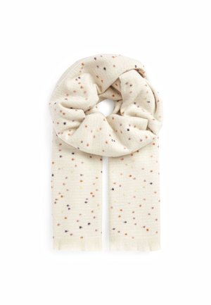 Strickschal in Cremefarbe mit kleinen mehrfarbigen Sprenkeln, zu einer Schlaufe gelegt mit herunterhängenden Enden auf weißem Hintergrund.