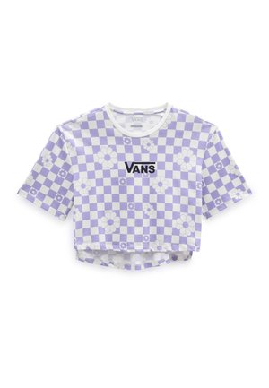 Lila-weiß karierte Cropped-T-Shirt mit weißen Gänseblümchenmustern und schwarzem Vans-Logo mittig auf der Brust.