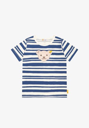T-shirt enfant à manches courtes rayé bleu et blanc avec un patch visage d'ours souriant sur la poitrine et une petite étiquette jaune sur le côté.