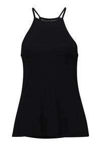 Svart ärmlös halterneck-topp med smala axelband och lätt utställd nederkant, med spetsdetaljer längs halsringningen.