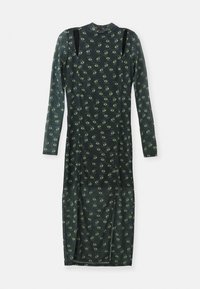 Schwarzes Midi-Kleid mit langen Ärmeln und hohem Kragen, mit ausgeschnittenen Schulterdetails und einem durchgehenden grünen Katzenaugenmuster.