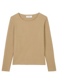 Beige ribbed pitkähihaine paita, jossa on pyöreä kaula-aukko, slim fit -leikkaus ja Marc O’Polo -merkki kauluksessa.