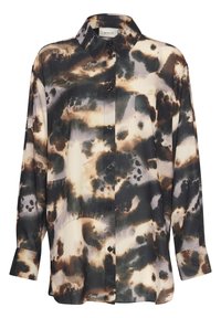 Camicia a maniche lunghe con bottoni, in una stampa astratta multicolore con tonalità di crema, nero e marrone. Presenta un colletto classico e un orlo curvo.
