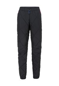 Pantalons matelassés noirs avec taille élastique à cordon de serrage, poignets élastiques et motif de couture diagonal. Pas de poches visibles.