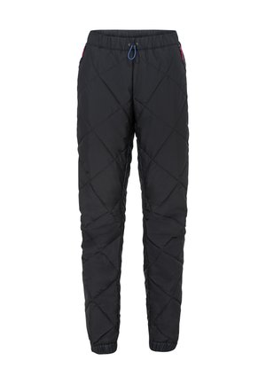 Pantalons matelassés noirs avec taille élastique à cordon de serrage, poignets élastiques et motif de couture diagonal. Pas de poches visibles.