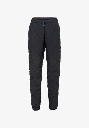 Pantalons matelassés noirs avec taille élastique à cordon de serrage, poignets élastiques et motif de couture diagonal. Pas de poches visibles.