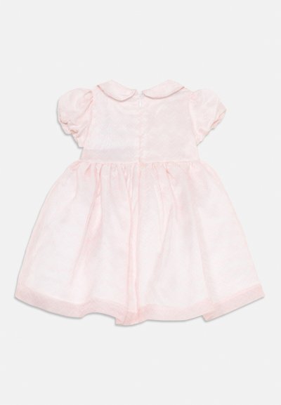 Pale pink dress with short puff sleeves, a collar, and a textured chevron pattern. Features a zip closure at the back and a flared skirt.