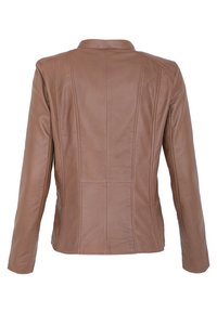 Giacca di pelle marrone con maniche lunghe e dettagli con cuciture verticali, mostrata di spalle su uno sfondo bianco.