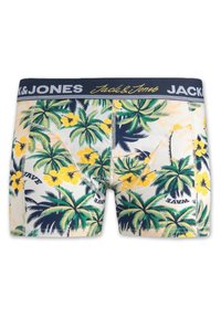 Herren Boxershorts mit einem tropischen Druck, der grüne Palmen und gelbe Blumen zeigt, auf einem cremefarbenen Hintergrund mit einem schwarzen elastischen Bund.