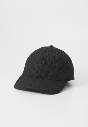Casquette de baseball noire avec un motif en losange, en tissu texturé, dotée d'une visière courbée et d'un design à six panneaux.