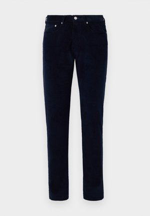 Pantalons en velours côtelé bleu foncé pour hommes, coupe ajustée, avec poches avant et arrière, passants de ceinture et fermeture à bouton.
