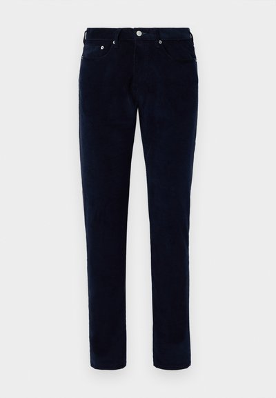 Férfi, slim-fit sötétkék kordbársony nadrág elülső és hátsó zsebekkel, övhurkokkal és gombos záródással.