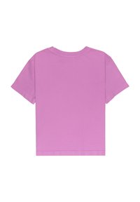 Korte mouw t-shirt van effen lichtpaars katoen. Ronde halslijn met een rechte onderrand en minimale stikseldetails.
