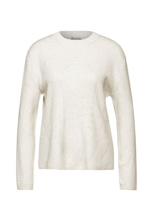 Jasna kremowa sweter z prążkowaną fakturą, okrągłym dekoltem i długimi rękawami. Posiada wzór w diamenty z przodu. Miękki materiał.