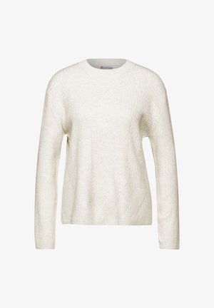 Jasna kremowa sweter z prążkowaną fakturą, okrągłym dekoltem i długimi rękawami. Posiada wzór w diamenty z przodu. Miękki materiał.