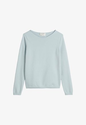 Hellblauer Pullover mit langen Ärmeln aus weichem Stoff, mit rundem Ausschnitt und schlichter Gestaltung, ohne Muster oder Verzierungen.