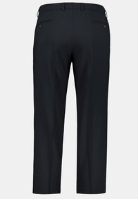 Schwarze Hosen mit geradem Schnitt, ausgestattet mit zwei Gesäßtaschen mit Knöpfen und Gürtelschlaufen, aus glattem Stoff mit einem klaren Design.