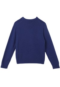 Marineblauer Strickpullover mit Rundhalsausschnitt, gerippten Bündchen und Saum sowie einem schlichten Design mit weicher Textur.