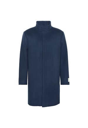 Marineblå uldfrakke med høj krave, lange ærmer og skjult frontlukning, midt på låret længde, minimalistisk design.