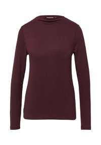 Burgunderfarbendes Langarmshirt mit hohem Kragen, aus geripptem Stoff. Glatte Textur, taillierte Passform und keine sichtbaren Beschläge oder Muster.