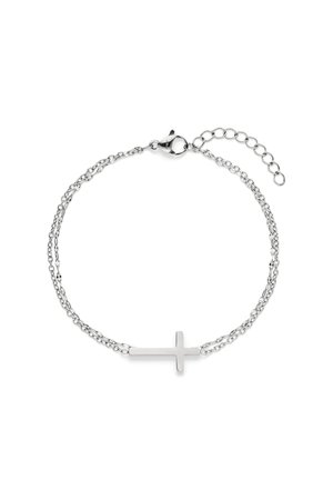 Sølv dobbeltkædearmbånd med et vandret korsvedhæng og justerbar hummerlås på hvid baggrund.