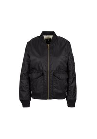 Schwarze Bomberjacke aus satinähnlichem Material, mit Reißverschluss vorne, gerippten Bündchen und zwei vorderen Klapptaschen mit einem goldenen Reißverschluss.