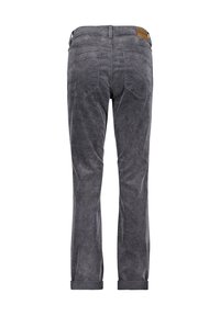 Grå stræk denimbukser med en let slidt udseende, der har baglommer og opsmøgede kanten for et afslappet look.